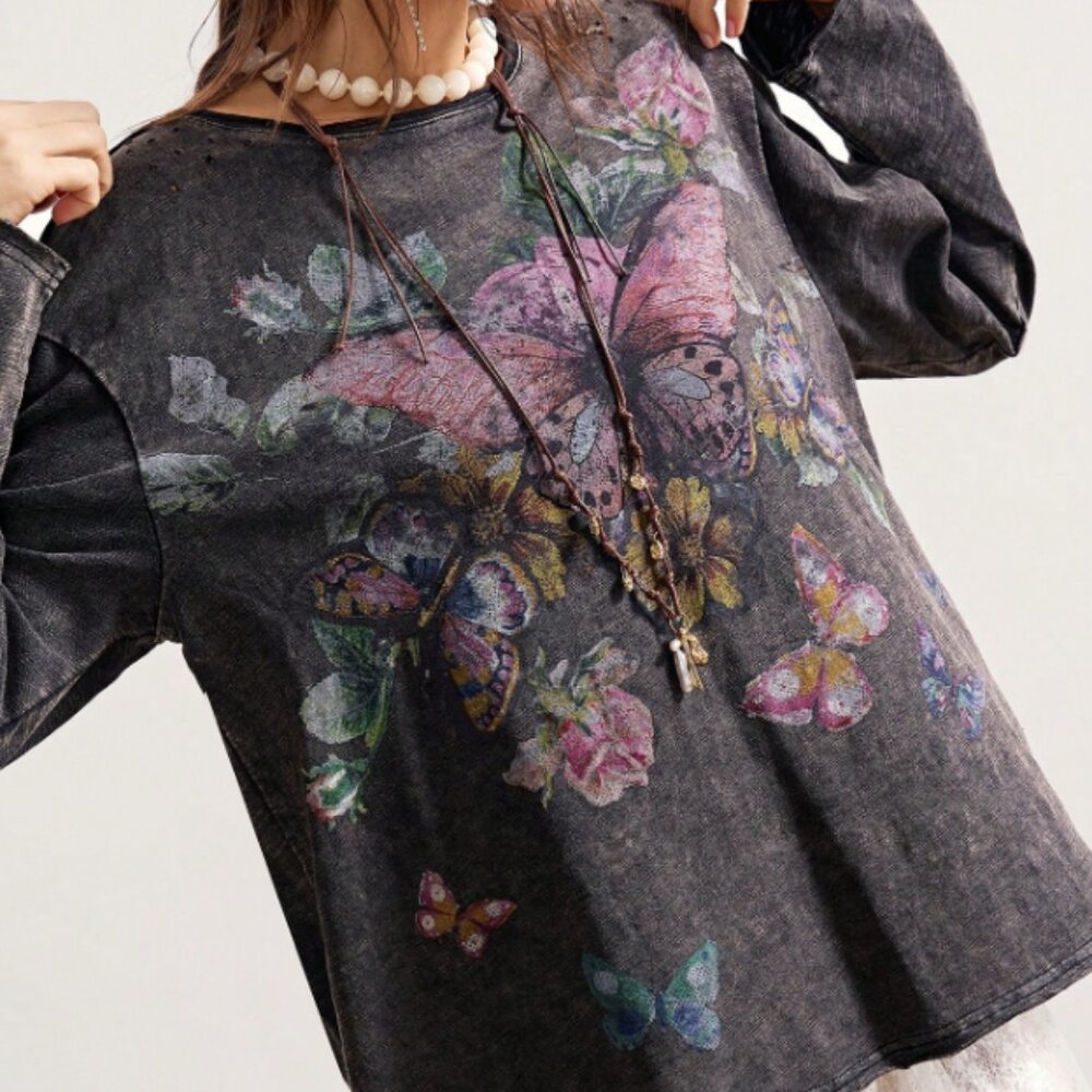 BOUTIQUE DISTRESSED BUTTERFLY MINERAL WASH LONG SLEEVE TEE